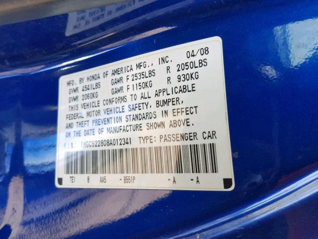 1HGCS22808A012341 - 2008 HONDA ACCORD EXL BLUE photo 10