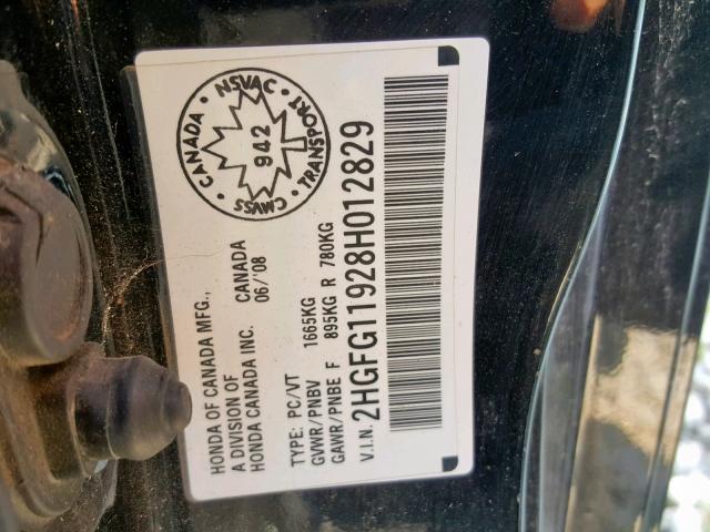 2HGFG11928H012829 - 2008 HONDA CIVIC EXL 黑色 照片 10