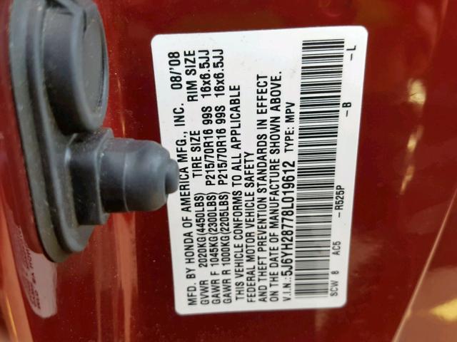 5J6YH28778L019612 - 2008 HONDA ELEMENT EX RED photo 10