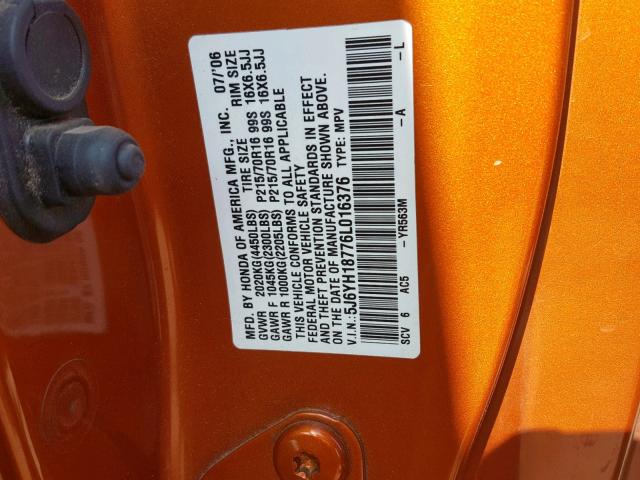 5J6YH18776L016376 - 2006 HONDA ELEMENT EX ORANGE photo 10