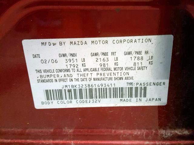 JM1BK323861493411 - 2006 MAZDA 3 S MAROON photo 10