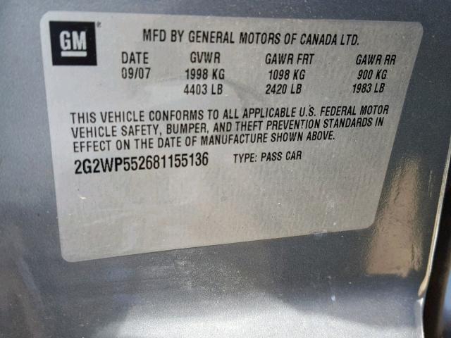 2G2WP552681155136 - 2008 PONTIAC GRAND PRIX GRAY photo 10