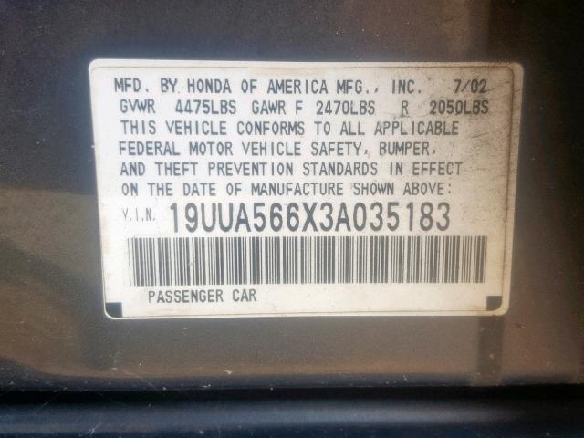 19UUA566X3A035183 - 2003 ACURA 3.2TL GRAY photo 10