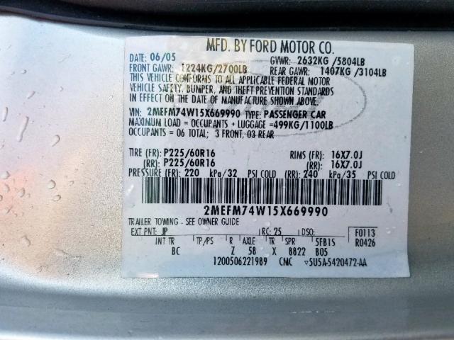 2MEFM74W15X669990 - 2005 MERCURY GRAND MARQ SILVER photo 10