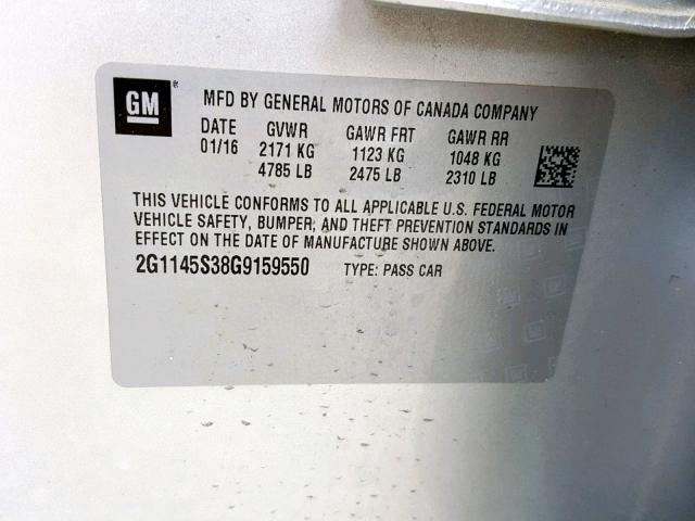 2G1145S38G9159550 - 2016 CHEVROLET IMPALA LTZ SILVER photo 10