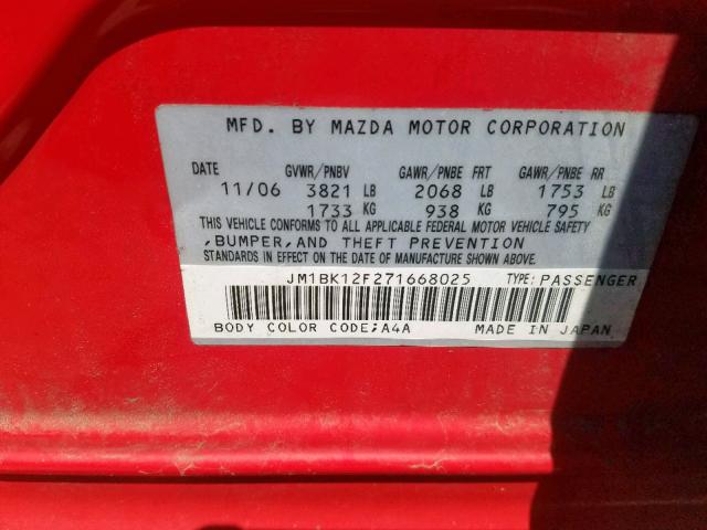 JM1BK12F271668025 - 2007 MAZDA 3 I RED photo 10