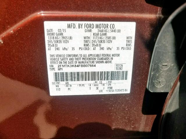 2FMTK3K84FBB07664 - 2015 FORD EDGE TITAN BROWN photo 10