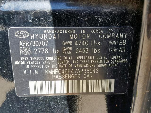 KMHFC46F47A235943 - 2007 HYUNDAI AZERA SE BLACK photo 10