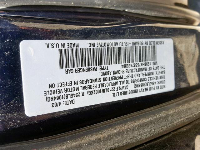 4S3BH675537655384 - 2003 SUBARU LEGACY OUT BLUE photo 10