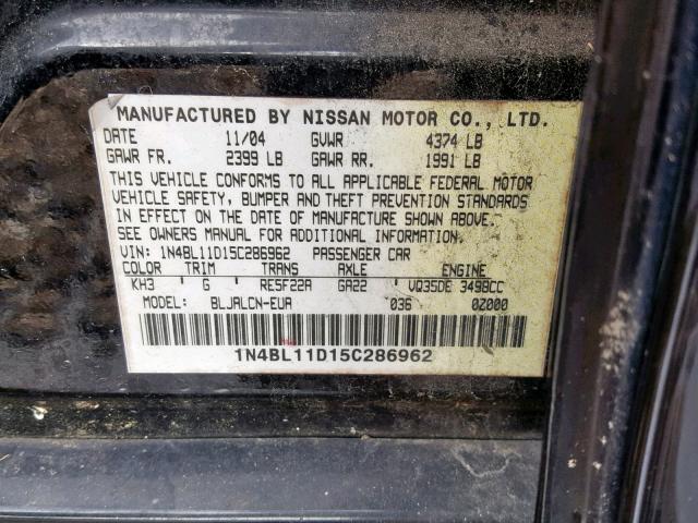 1N4BL11D15C286962 - 2005 NISSAN ALTIMA SE BLACK photo 10