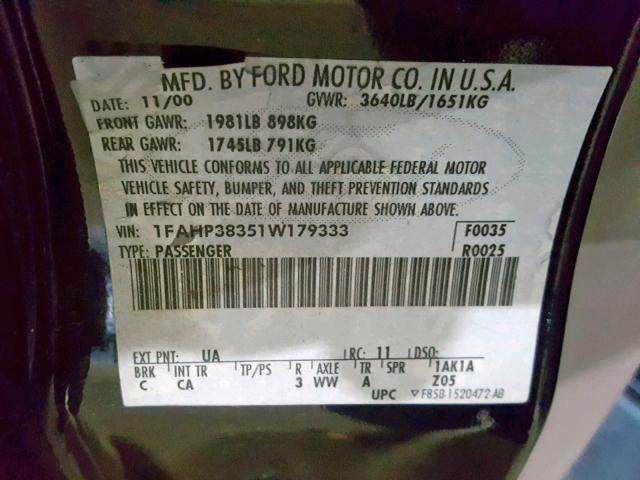 1FAHP38351W179333 - 2001 FORD FOCUS ZTS BLACK photo 10