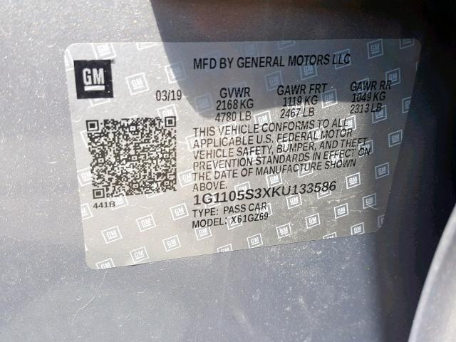 1G1105S3XKU133586 - 2019 CHEVROLET IMPALA PRE GRAY photo 10