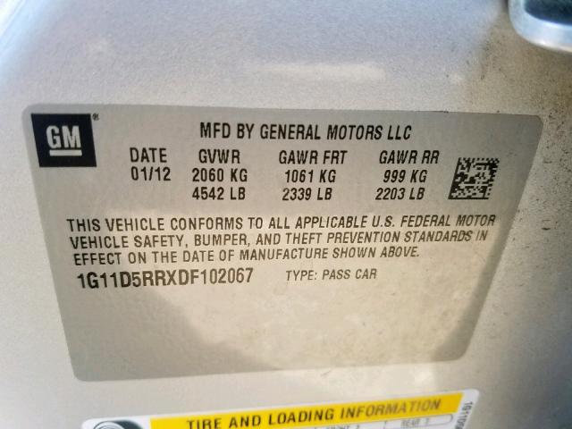 1G11D5RRXDF102067 - 2013 CHEVROLET MALIBU 1LT SILVER photo 10