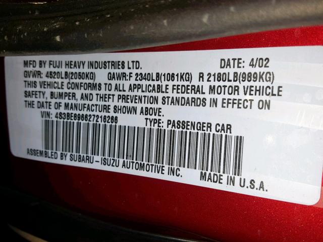 4S3BE896627216266 - 2002 SUBARU LEGACY OUT RED photo 10