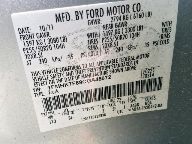 1FMHK7F89CGA48672 - 2012 FORD EXPLORER L SILVER photo 10