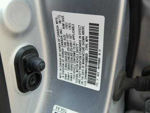 2HKRM4H70FH688839 - 2015 HONDA CR-V EXL SILVER photo 10