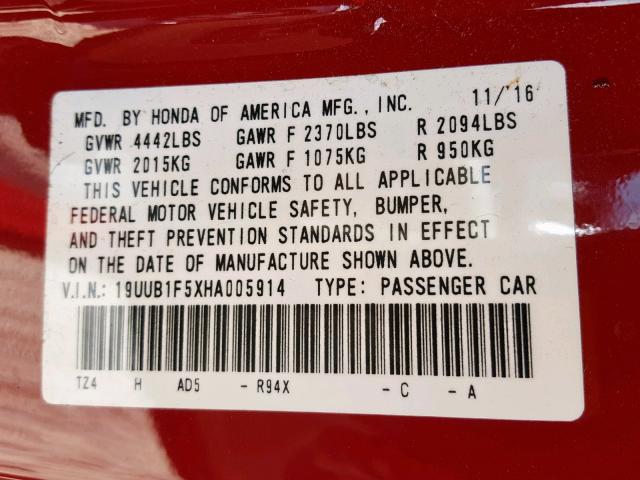 19UUB1F5XHA005914 - 2017 ACURA TLX TECH RED photo 10