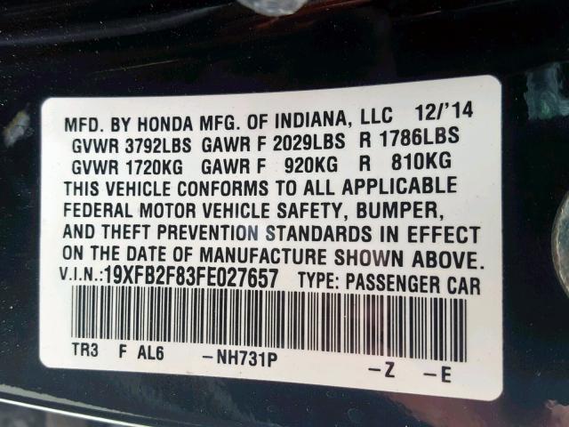 19XFB2F83FE027657 - 2015 HONDA CIVIC EX BLACK photo 10