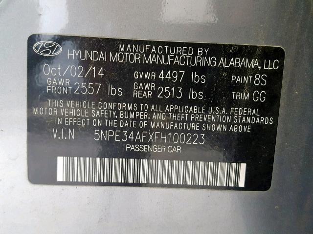 5NPE34AFXFH100223 - 2015 HYUNDAI SONATA SPO SILVER photo 10