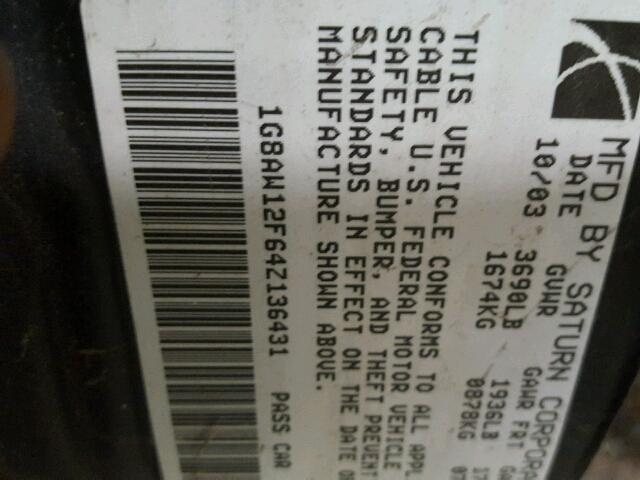 1G8AW12F64Z136431 - 2004 SATURN ION LEVEL BLACK photo 10