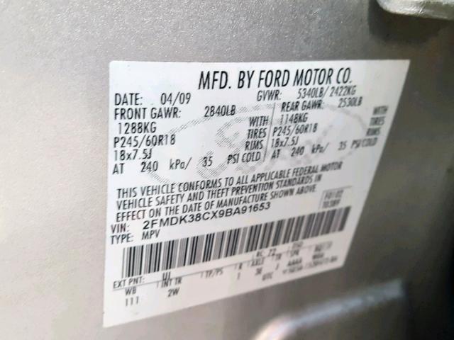 2FMDK38CX9BA91653 - 2009 FORD EDGE SEL SILVER photo 10