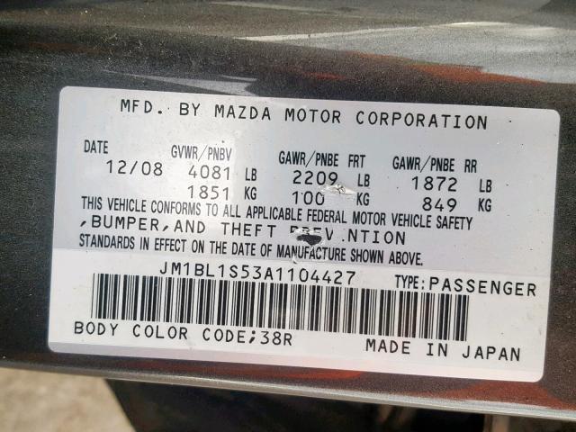 JM1BL1S53A1104427 - 2010 MAZDA 3 S GRAY photo 10