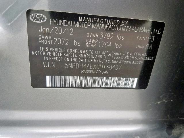 5NPDH4AEXCH138437 - 2012 HYUNDAI ELANTRA GL GRAY photo 10