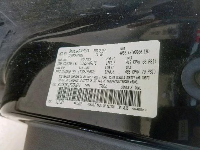 3D7KS29C17G750613 - 2007 DODGE RAM 2500 BLACK photo 10