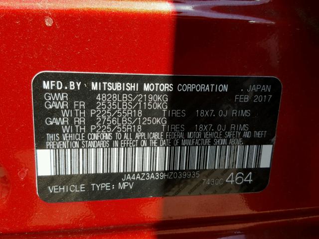 JA4AZ3A39HZ039935 - 2017 MITSUBISHI OUTLANDER RED photo 10