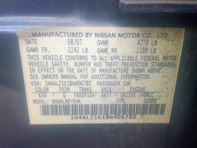 1N4AL21E18N406780 - 2008 NISSAN ALTIMA 2.5 GRAY photo 10