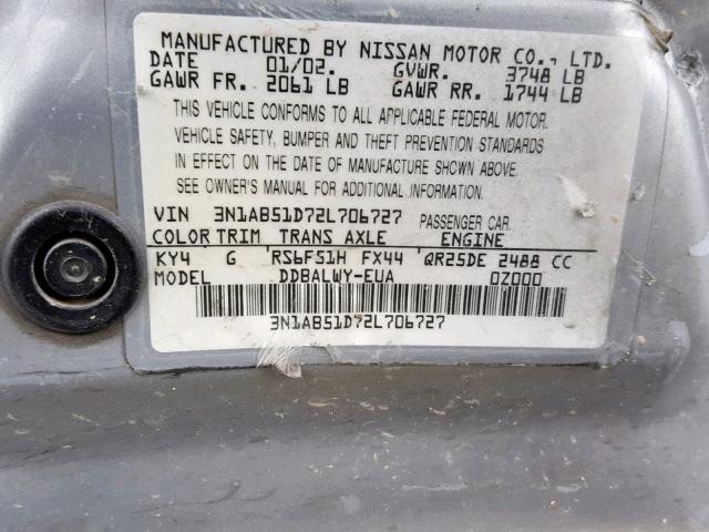 3N1AB51D72L706727 - 2002 NISSAN SENTRA SE- SILVER photo 10