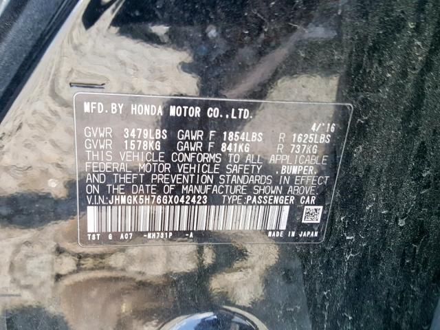 JHMGK5H76GX042423 - 2016 HONDA FIT EX BLACK photo 10