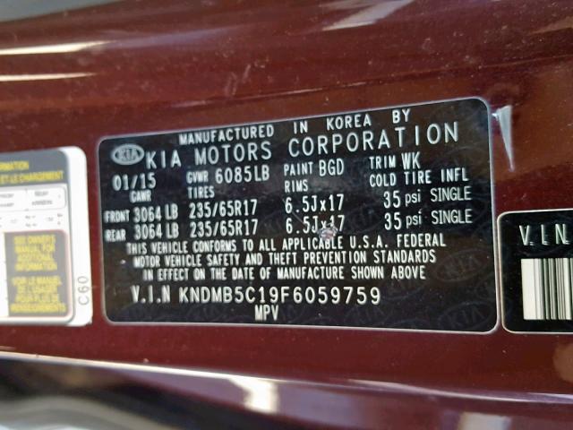 KNDMB5C19F6059759 - 2015 KIA SEDONA LX BURGUNDY photo 10