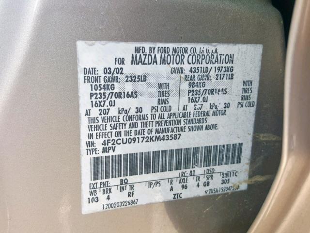 4F2CU09172KM43587 - 2002 MAZDA TRIBUTE LX TAN photo 10