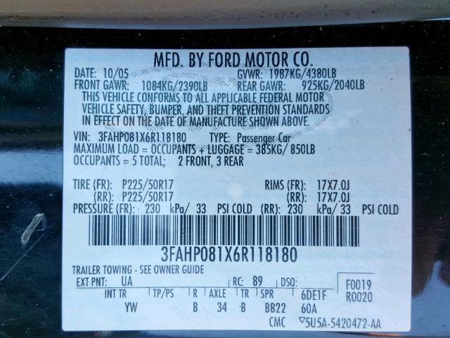 3FAHP081X6R118180 - 2006 FORD FUSION SEL BLACK photo 10