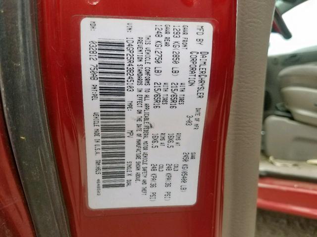 1D4GP25R43B245103 - 2003 DODGE CARAVAN SE RED photo 10