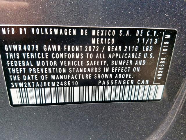 3VW2K7AJ5EM248510 - 2014 VOLKSWAGEN JETTA BASE GRAY photo 10