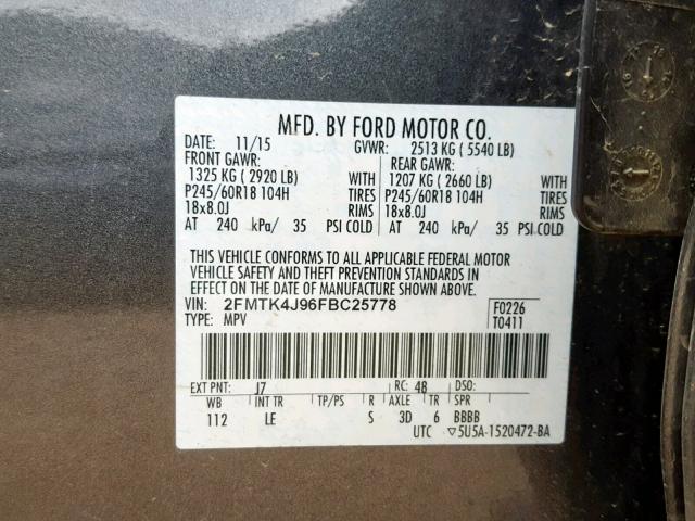 2FMTK4J96FBC25778 - 2015 FORD EDGE SEL GRAY photo 10