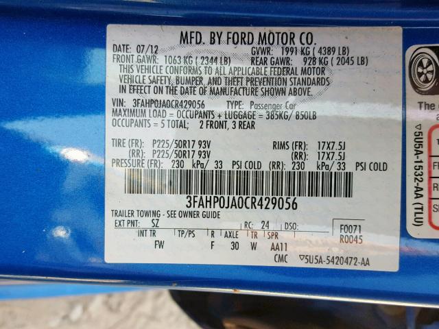 3FAHP0JA0CR429056 - 2012 FORD FUSION SEL BLUE photo 10