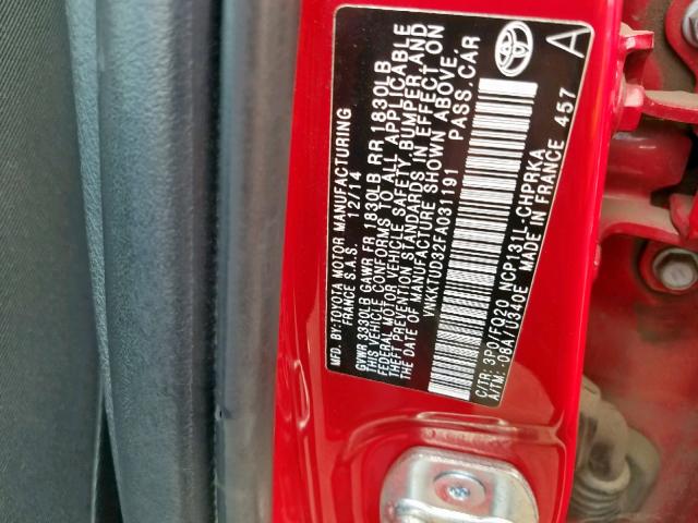 VNKKTUD32FA031191 - 2015 TOYOTA YARIS RED photo 10