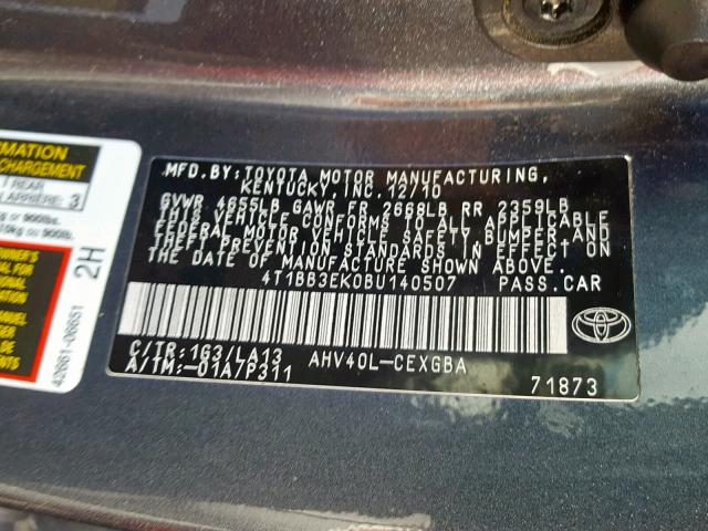 4T1BB3EK0BU140507 - 2011 TOYOTA CAMRY HYBR GRAY photo 10