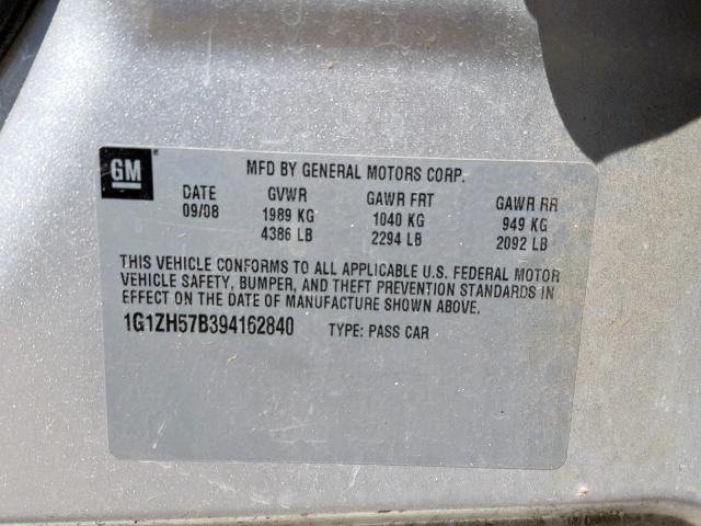 1G1ZH57B394162840 - 2009 CHEVROLET MALIBU 1LT 银色 照片 10