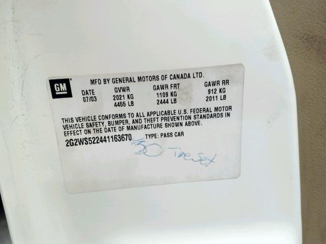 2G2WS522441163670 - 2004 PONTIAC GRAND PRIX WHITE photo 10