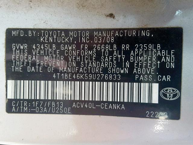 4T1BE46K59U276833 - 2009 TOYOTA CAMRY BASE SILVER photo 10