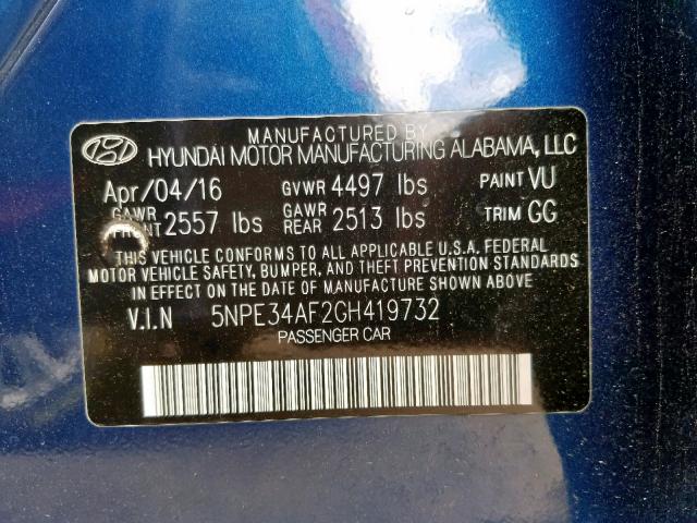 5NPE34AF2GH419732 - 2016 HYUNDAI SONATA SPO BLUE photo 10