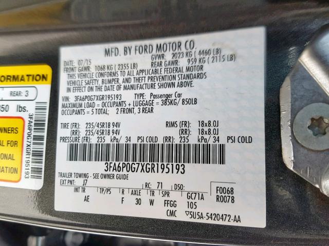 3FA6P0G7XGR195193 - 2016 FORD FUSION S GRAY photo 10