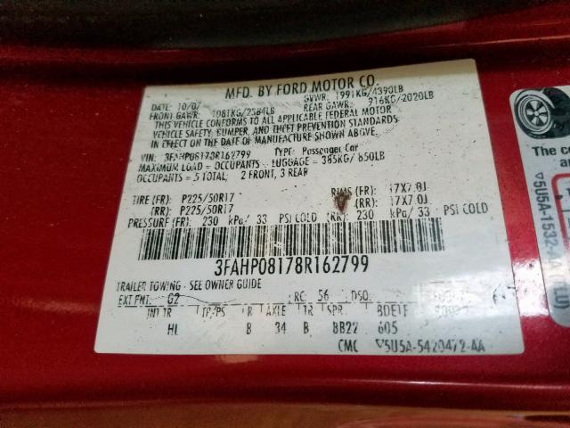 3FAHP08178R162799 - 2008 FORD FUSION SEL RED photo 10