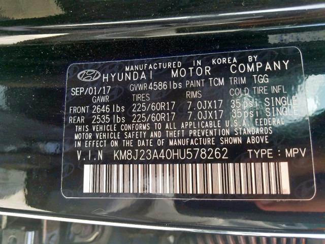 KM8J23A40HU578262 - 2017 HYUNDAI TUCSON SE BLACK photo 10