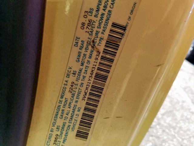 3VWCM31Y34M311932 - 2004 VOLKSWAGEN NEW BEETLE Sarı foto 10