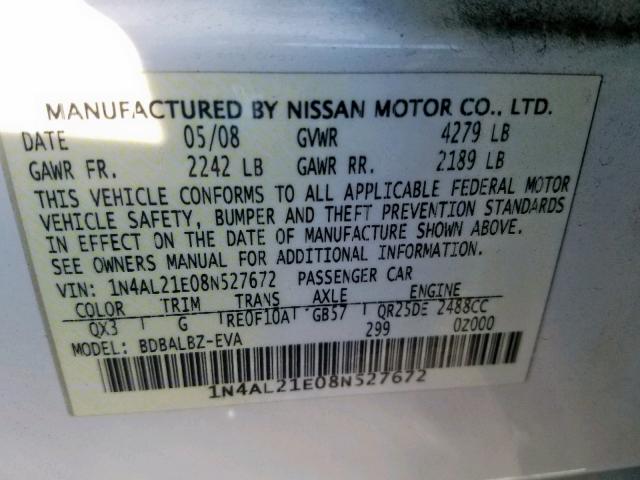 1N4AL21E08N527672 - 2008 NISSAN ALTIMA 2.5 WHITE photo 10